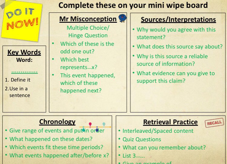 MrThorntonTeach's tweet photo. After having done 5 a days and other bits for a few years, wanted to rework our Do Nows for GCSE.
Complete on wipe boards, quick and easy to see/tackle gaps and misconceptions. Really snappy
Template & guidance to aid department
Free copy here โ๏ธhttps://t.co/nCyIzqFq5G https://t.co/14Yu2Lcd0R