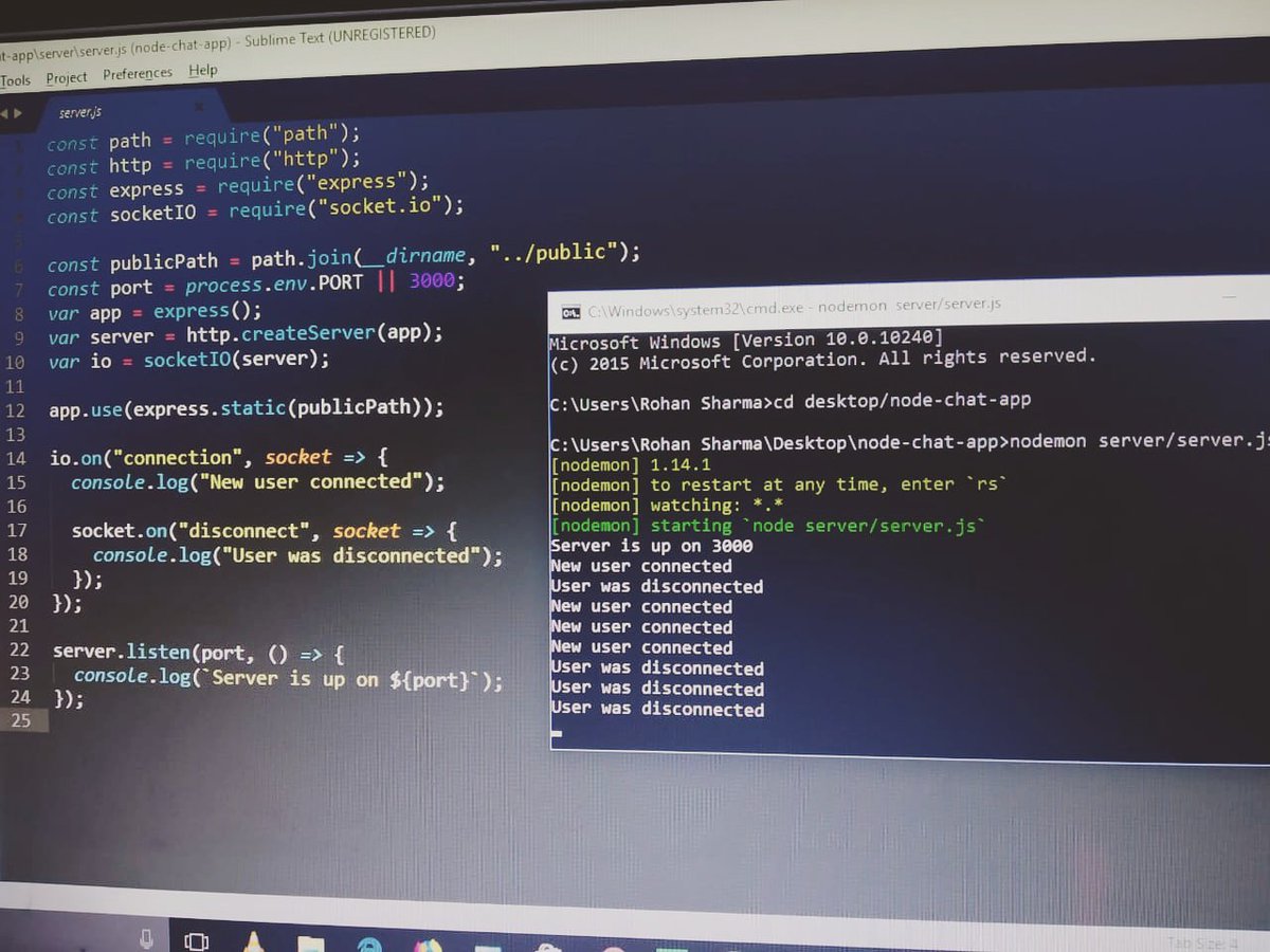 rohanxsharma's tweet image. Day 40 - Started a node chat app using socketIO.
#100DaysOfCode #Day40
#instacode #hack #web #webdesign #webdeveloper #webdevelopment #frontend #backend #fullstack #blockchain #motivation #algorithm #hacking #authentication #socketio #programming #coding #onedayatatime #chatapp