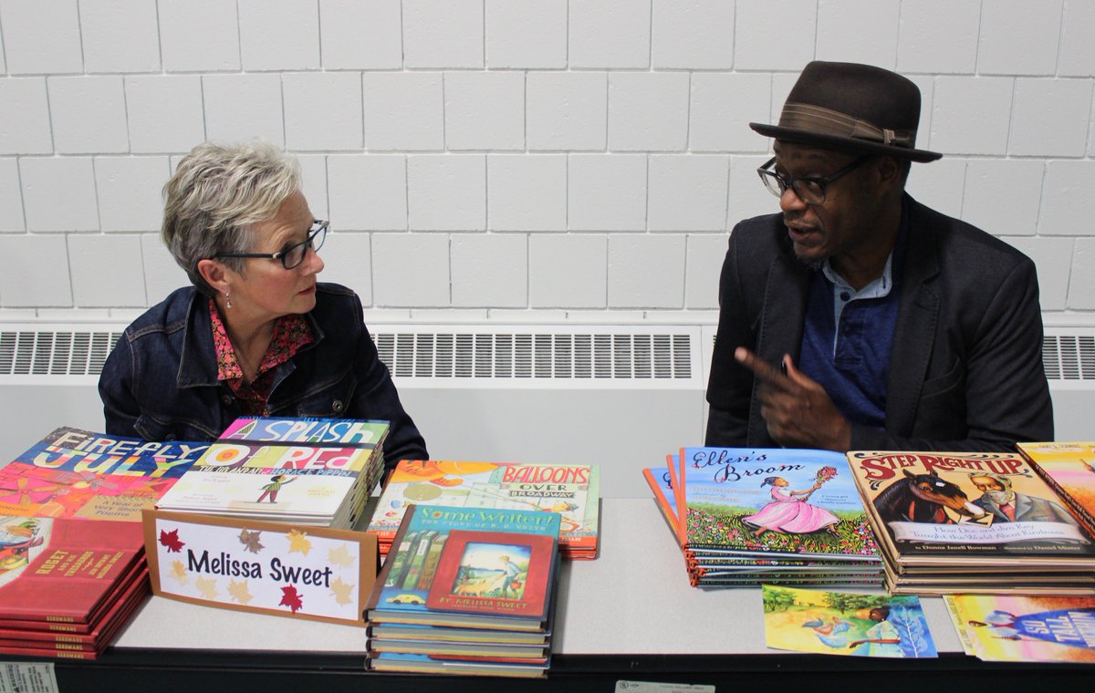 LynnPlourde's tweet photo. One of the things I love about @nErDcampNNE A&I night, creators get to connect with each other . . . #MelissaSweet and #DanielMinter connecting https://t.co/sAEj7PVJuZ