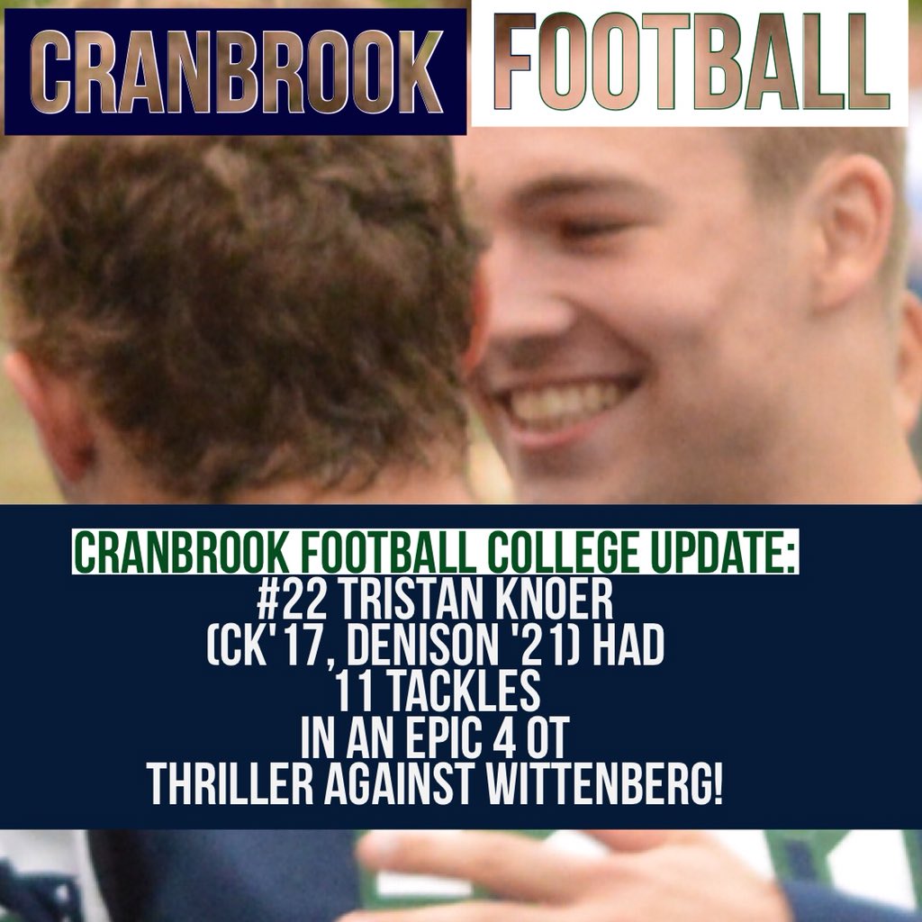 CranbrookFball's tweet image. CK Alum and @DUFootball Player LB Tristan Knoer gets 11 tackles in game.  #StoptheRun #ForeverCranes