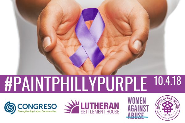 WomenAgnstAbuse's tweet photo. Our partners at @Congreso1977, @LSHphilly, and @helpwomen  want you to #PaintPhillyPurple with us on October 4th! Wear your finest purple attire to promote #DVAM2018 at home, at work, and on the go. Don’t forget to share your purple-themed selfie here on Twitter! https://t.co/Yp4l3M3YQS