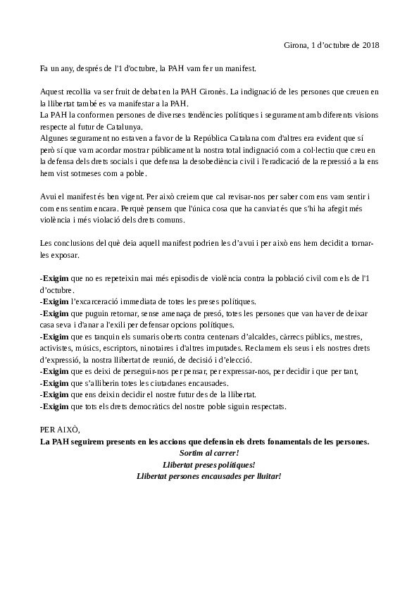 Avui a la  PAH ens han vetat. 
Fil:

1.- El <a href="/CDRGironaSalt/">CDR Girona #21raons</a> ens havien convidat als actes en commemoració de l'1 d'octubre. Teníem veu a l'acte final amb entitats i MMSS. Ens van demanar que parléssim com vam fer ja fa quasi un any en un dels actes de <a href="/GironaVota/">Girona Vota</a> 
Però em pogut...