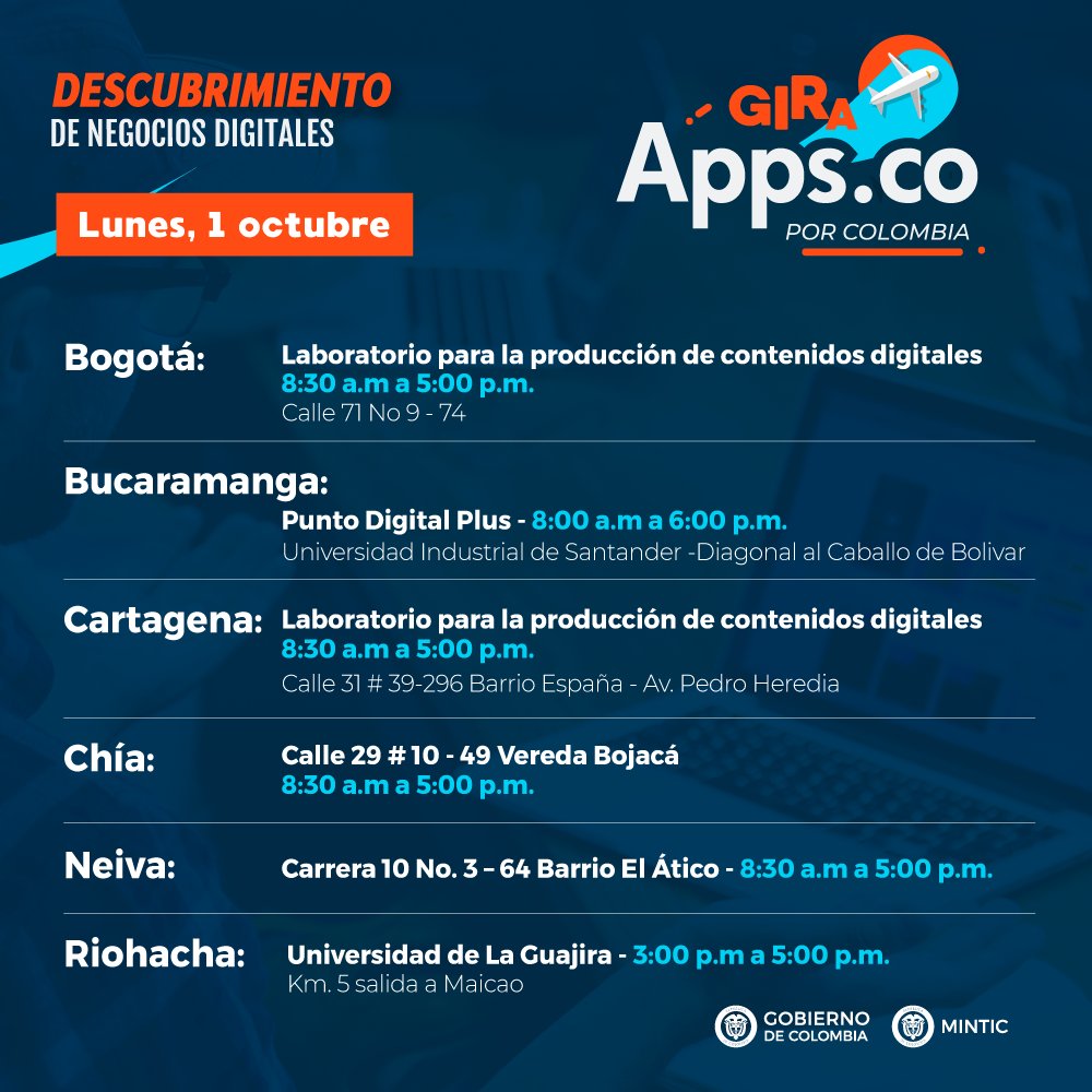 AppsCo's tweet photo. ¡Pilas! Este 1 y 2 octubre nuestros asesores de #AppsCo te ayudarán en todo el proceso de inscripción a la convocatoria de #DescubrimientoDeNegocios. ¡Agéndate! Gira #AppsCoPorColombia https://t.co/D6zbR9Ejf0