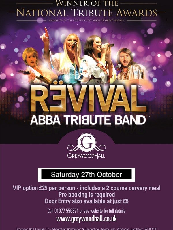 greywoodhall's tweet photo. Win 4 places to our fab ABBA tribute night on Saturday 27th October..... to enter visit our FB page https://t.co/GfR3lZu7Qj https://t.co/3pFqT2kb6o