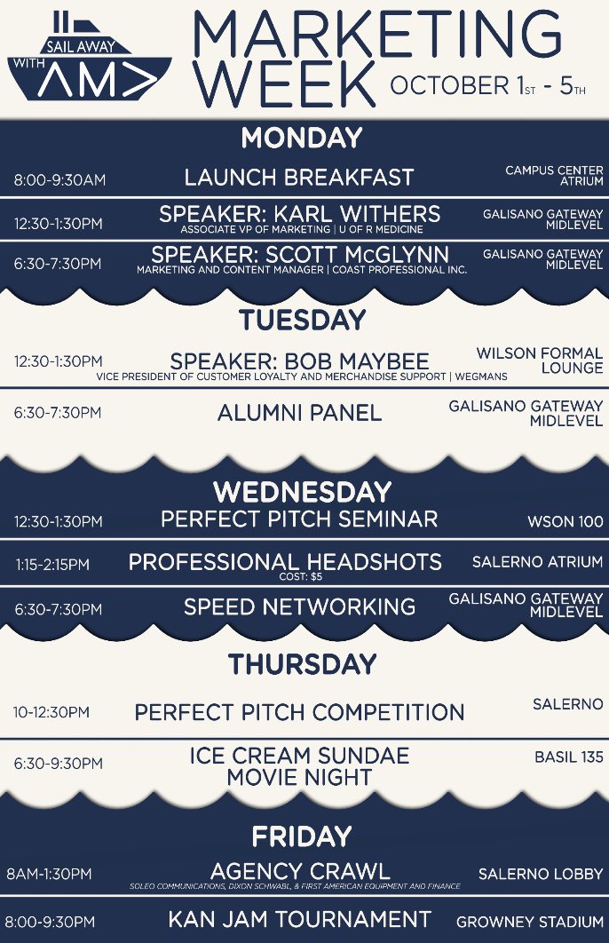 SJFC_AMA's tweet photo. Tomorrow is the big day! Join us all week for these amazing events, kicking it off in the morning with free breakfast in campus center! ⛵️ #SailAwayWithAMA https://t.co/MOWTmZoAP6