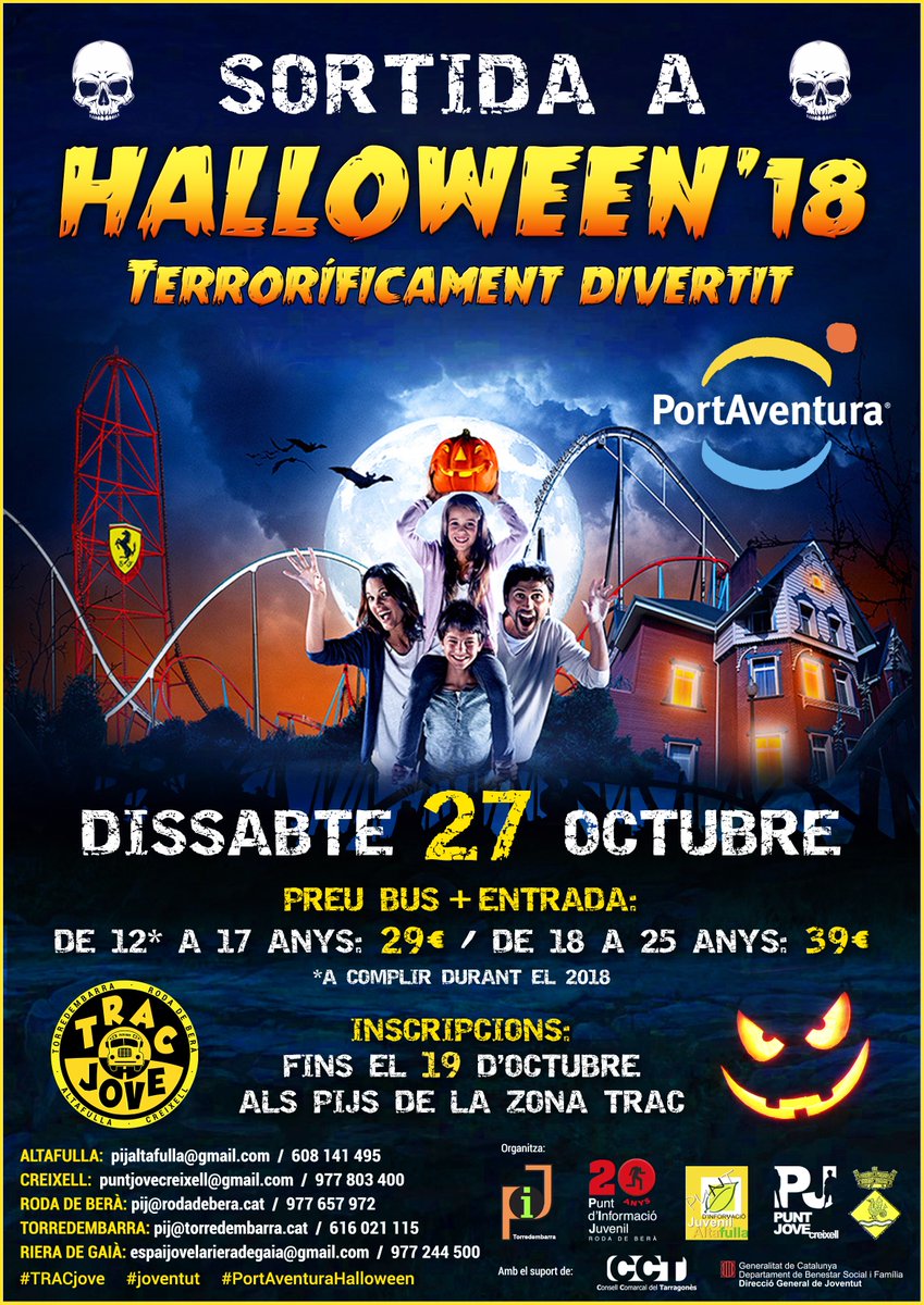 AjTorredembarra's tweet photo. Sortida a @Portaventura_ES per als joves de la Zona TRAC 📅 dissabte dia 27 d’octubre ℹ️https://t.co/JKxnDiNWWd #Torredembarra #Tracjove #joventut #PortAventuraHalloween https://t.co/pUuFwJghZO