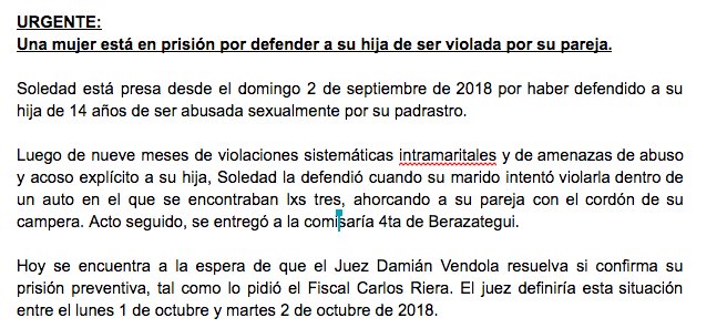 holasolprieto's tweet image. #Urgente:  Una mujer está en prisión por defender a su hija de ser violada por su pareja. El Juez Damián Vendola resuelve entre mañana y pasado si confirma su prisión preventiva, que es lo que pidió el Fiscal Carlos Riera. ¡Difundir por favor! #LibertadParaSoledad