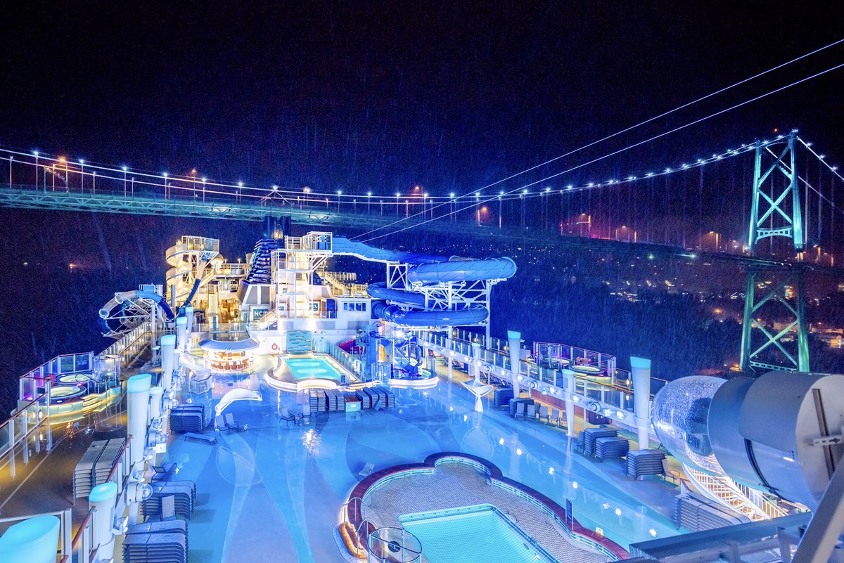 CruiseNorwegian's tweet photo. #NorwegianBLISS CONTINUES TO MAKE HISTORY: She’s now the largest cruise ship to ever visit Vancouver &amp; the tallest to pass beneath the Lions Gate Bridge. With only 2 feet to spare, it’s a tight squeeze! #CruiseNorwegian https://t.co/UdIKumhlZw