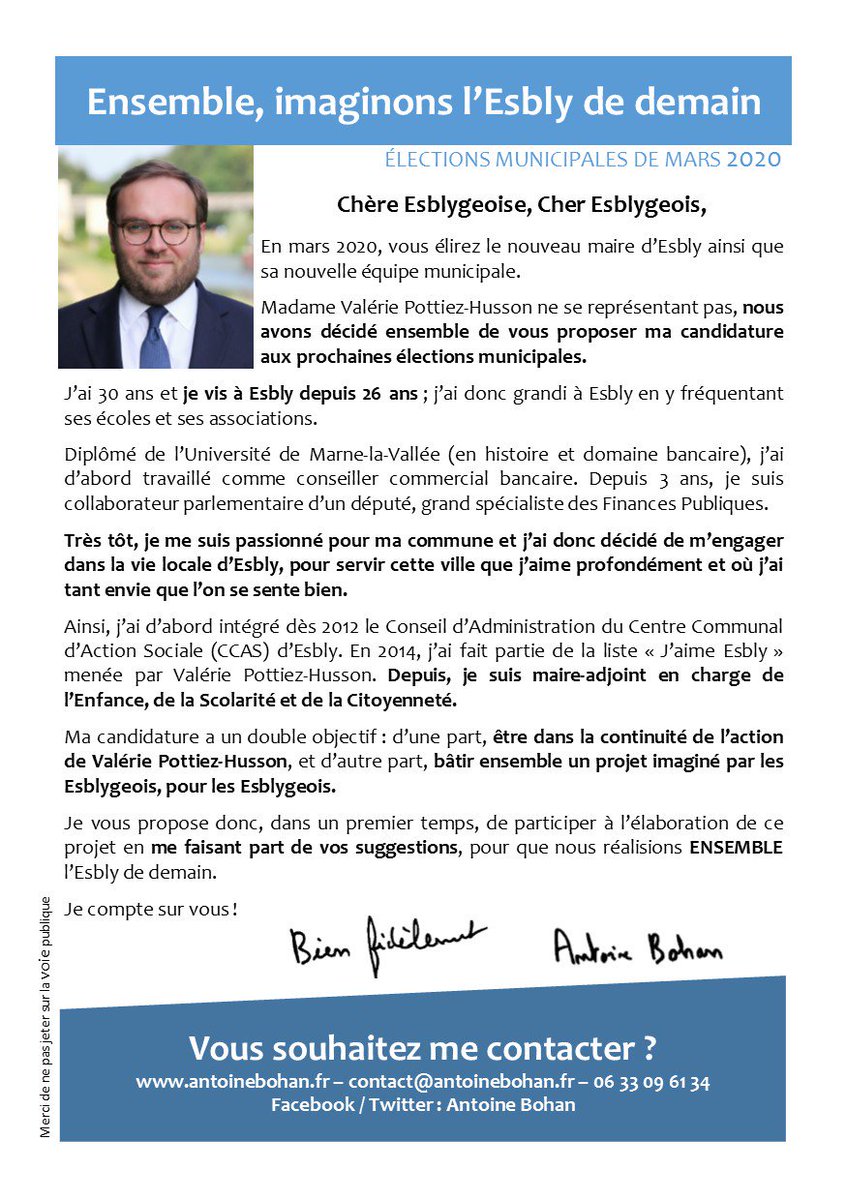 antoineBohan's tweet photo. Chers Esblygeois,
Depuis samedi, des habitants de notre commune et moi distribuons un tract au travers duquel vous pouvez nous transmettre vos suggestions afin que nous concevions ensemble l'#Esbly du futur.

  https://t.co/8lNKx1RKZy 

Prenez la parole, elle est à vous! https://t.co/VvqLMnp0ky