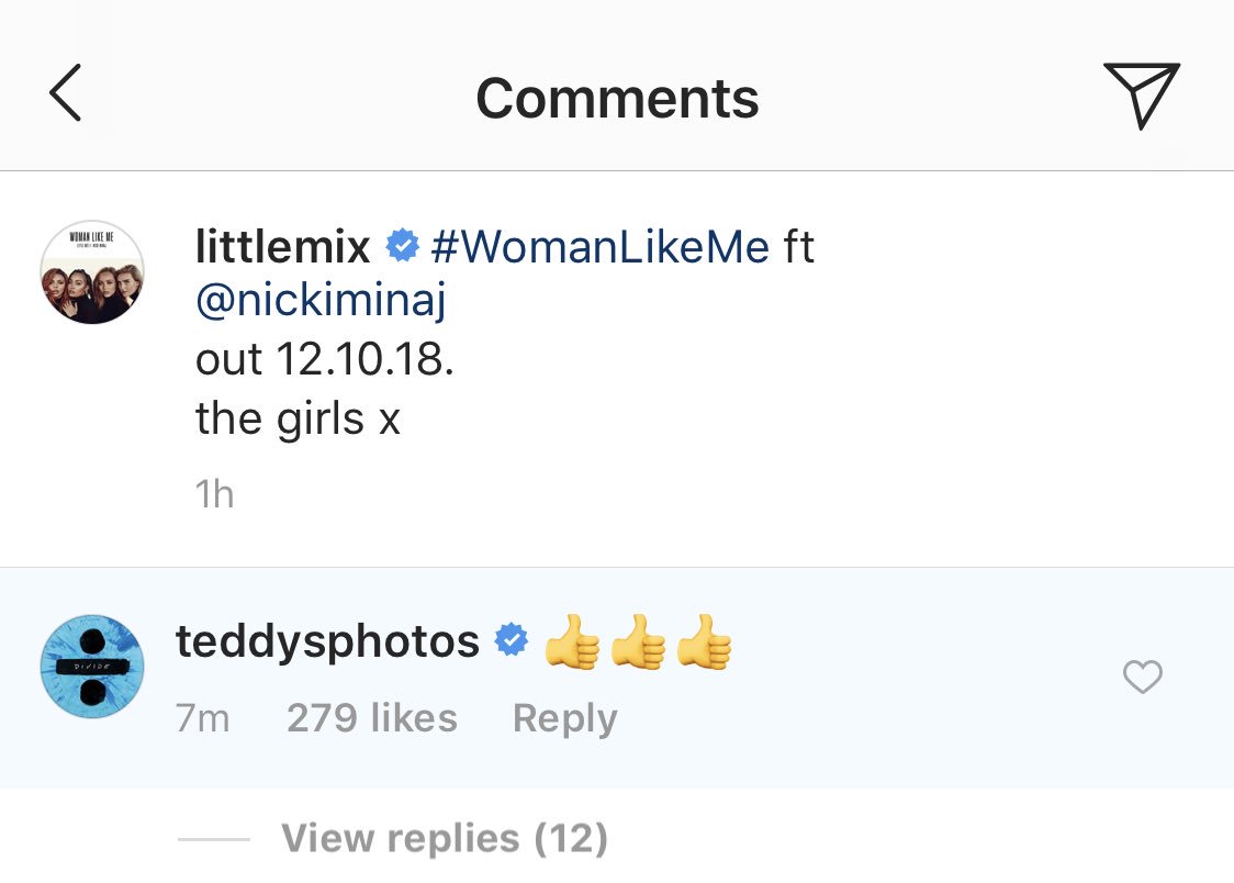 _LifeWithLM's tweet photo. Ed Sheeran has commented under Little Mix’s Instagram post! #WomanLikeMe https://t.co/dVpJf8lCmo