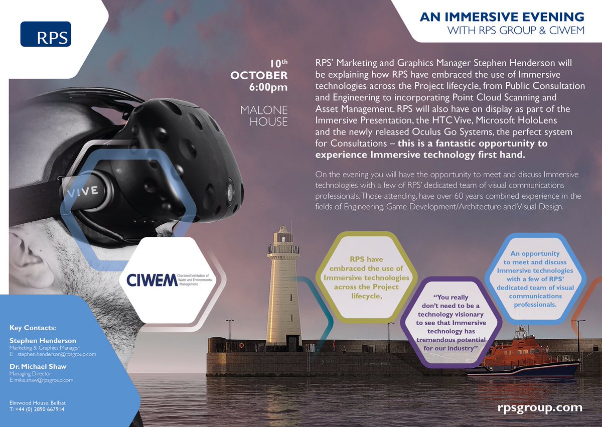 CIWEM NI are proud to announce that the first technical talk of our 2018/19 programme will take place on the 10th October in Malone House. The presentation “Immersive Technology - Walking through design” will be given by RPS’ Marketing and Graphics Manager Stephen Henderson.