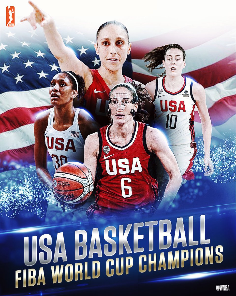 WNBA's tweet photo. ⭐️ 3rd straight @FIBA World Cup Gold Medal 🏅
⭐️ 22nd straight FIBA win
⭐️ Automatic berth in the 2020 @Olympics
Congratulations, @usabasketball! #USABWNT https://t.co/lBLFiv21fF
