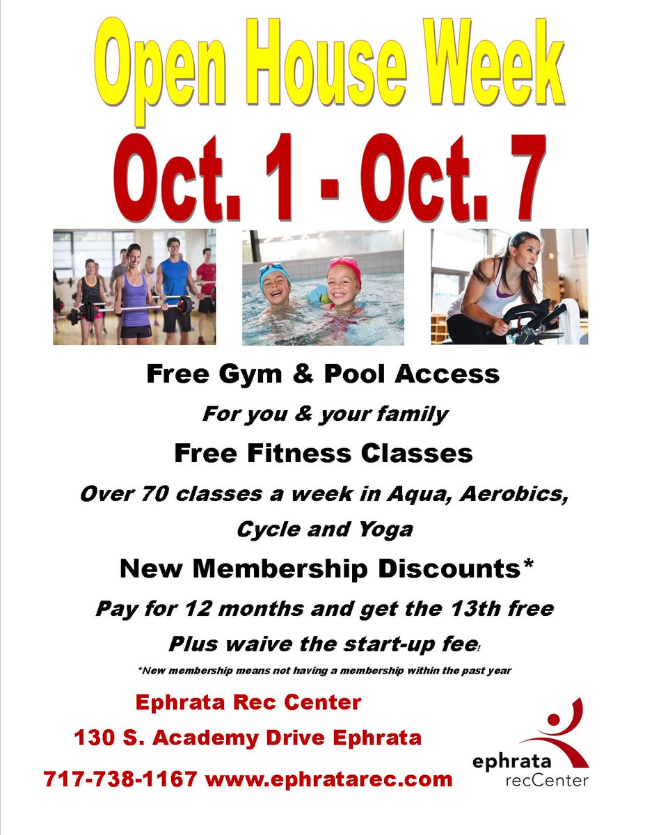 EphrataRec's tweet photo. Open house Oct. 1 thru 7th  FREE FREE FREE @EphrataRec  #exercises #FreePicks #OpenHouse #Center #ephrata #fitness #FitnessMotivation https://t.co/WppNCckqHA