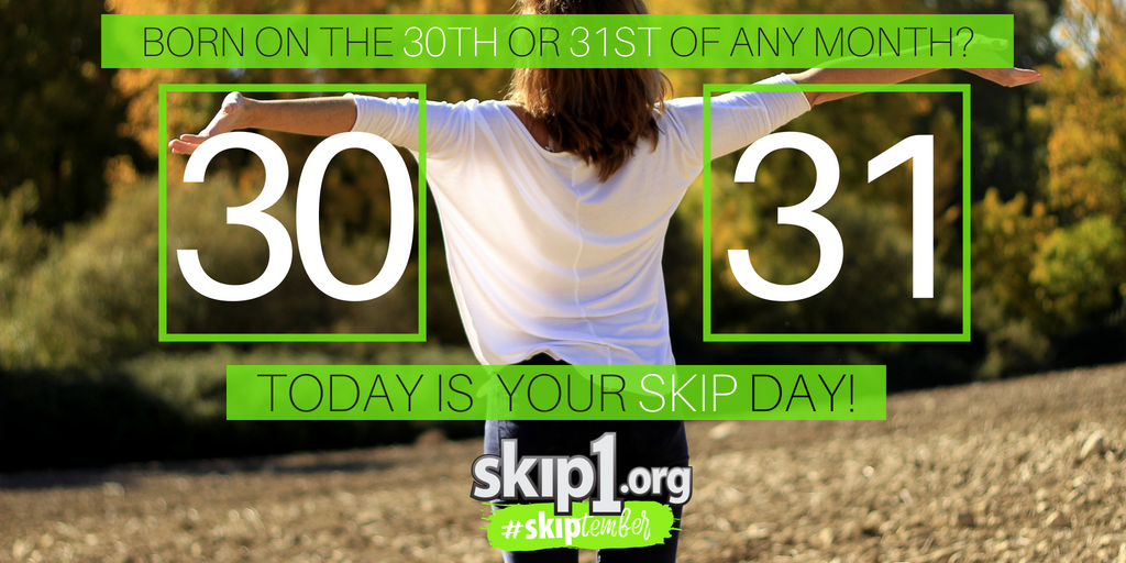 skip1's tweet photo. How is #Skiptember already coming to an end!?! To those born on the 30th and 31st, TODAY is your skip day! Make it a great one! #Skiptember #SkipIt #SkipSomethingFeedAChild @skip1org https://t.co/AaiSTrl6Do