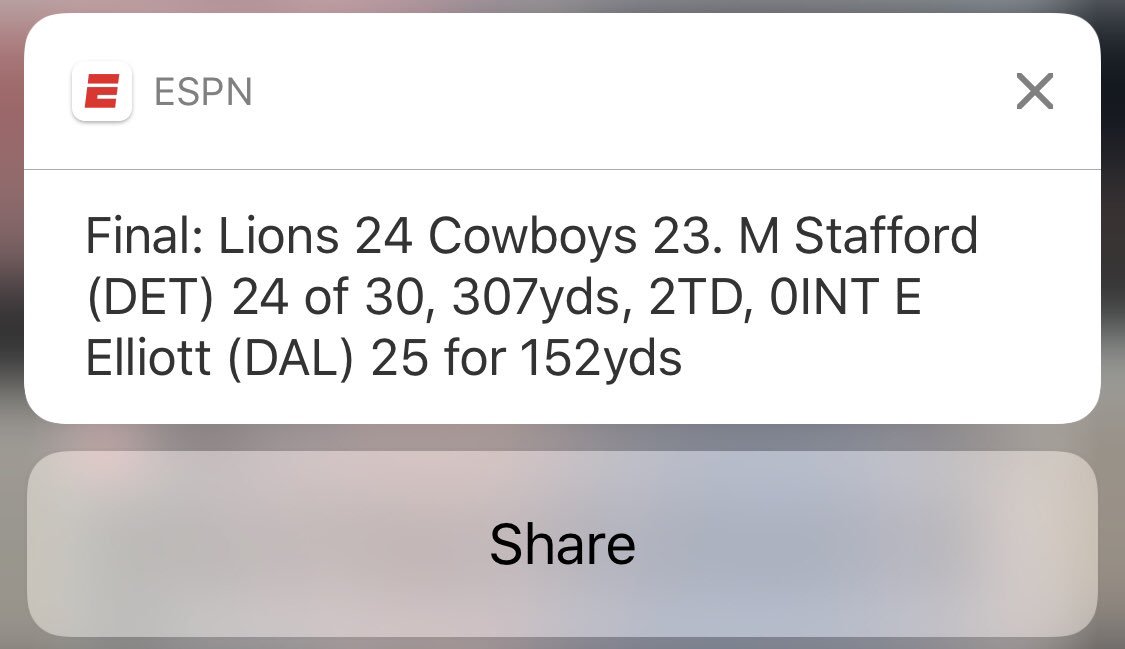 rossquigster's tweet photo. That one time @espn toyed with my heart and made me think @dallascowboys had missed the go ahead field goal. Gotta rebound next week @Lions #fooled #extremehigh #extremelow #nfl #football #lionsfan https://t.co/wk8PRdBcTW
