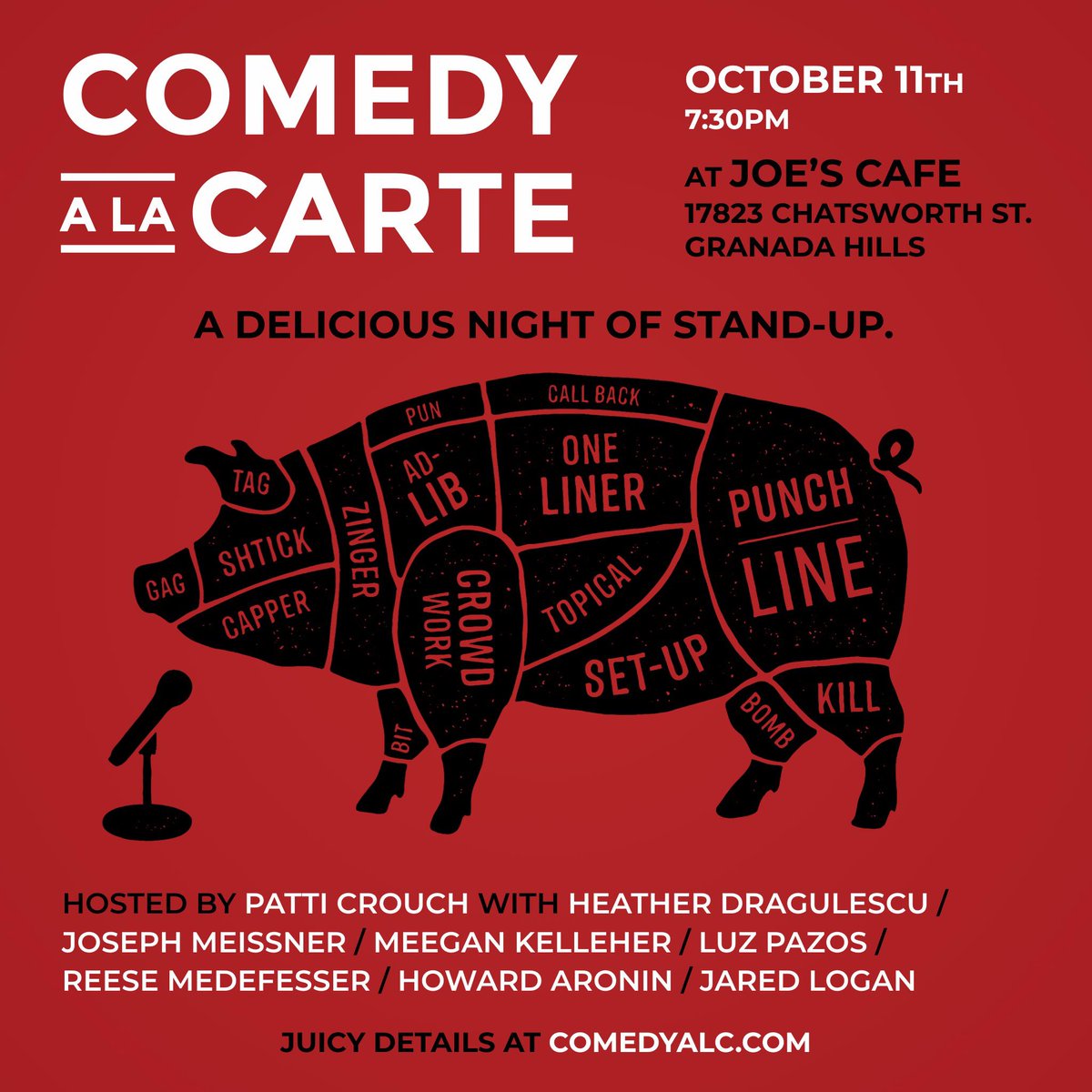 ComedyALC's tweet photo. Eat, Drink, and Laugh Your Butt Off at @joescafegh! 

Reservations recommended! (818) 488-9841. 
https://t.co/aS9naceAu2

@realpatticrouch 
@OHeatherah 
@cbradiofad 
@TheMeegan 
@TheLuzPazos 
@ACRERARM 
@HowardAronin 
@JaredLogan 

#comedy #granadahills #standup #standupcomedian https://t.co/2mrU9e5b3k