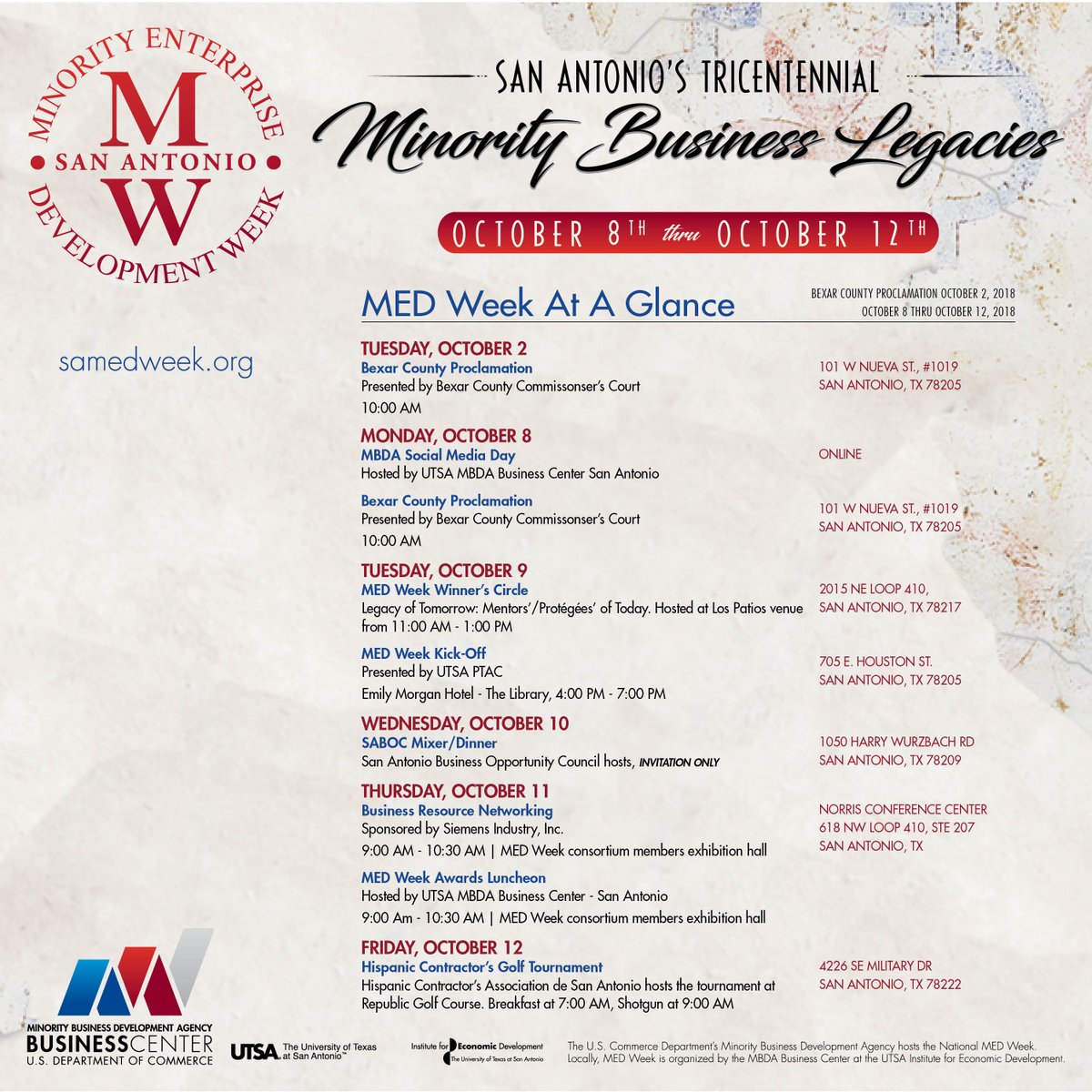 SAMBDAExport's tweet photo. We are days away from the 2018 #SanAntonio #Minority Enterprise Development (MED) Week! Don't miss the kickoff reception, events, Awards Luncheon, & golf tournament.
Join us in this week-long celebration at https://t.co/Tm0tYPtclz! @USMBDA @EconDevUTSA #SAMEDWeek2018 #MBE #Texas https://t.co/M3VwbubeMi