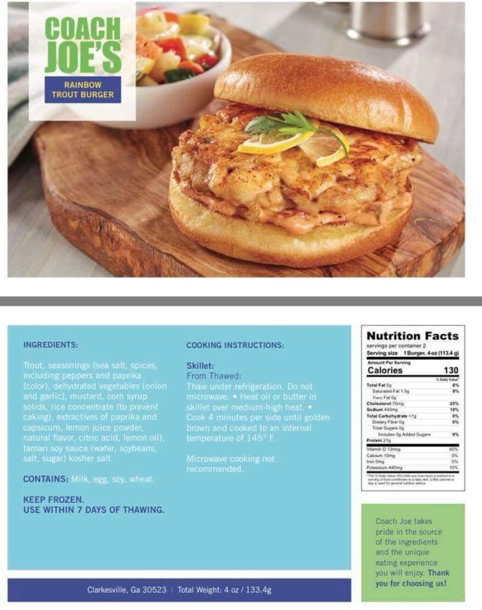 CoachJoes's tweet photo. Come by @InglesAdvantage Clayton and sample Coach Joe’s Handcrafted Rainbow Trout Burger and a dash of Coach Joe’s Seafood Sauce!! It will be an experience you will always remember!! Thank you Ingles, Clayton for the opportunity!!! 💥💥🏈🏈👊🏽👊🏽💥 #RainbowTroutBurger 🐟 🍔 https://t.co/rjUWsp7HiX