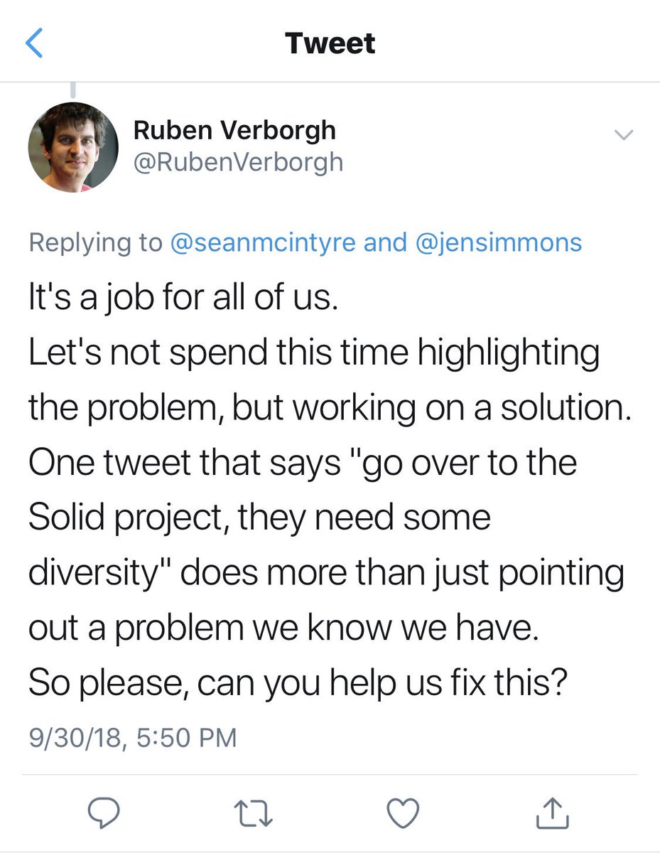 Screenshot of a tweet requesting a tweet saying:"go over to the Solid project, they need some diversity"