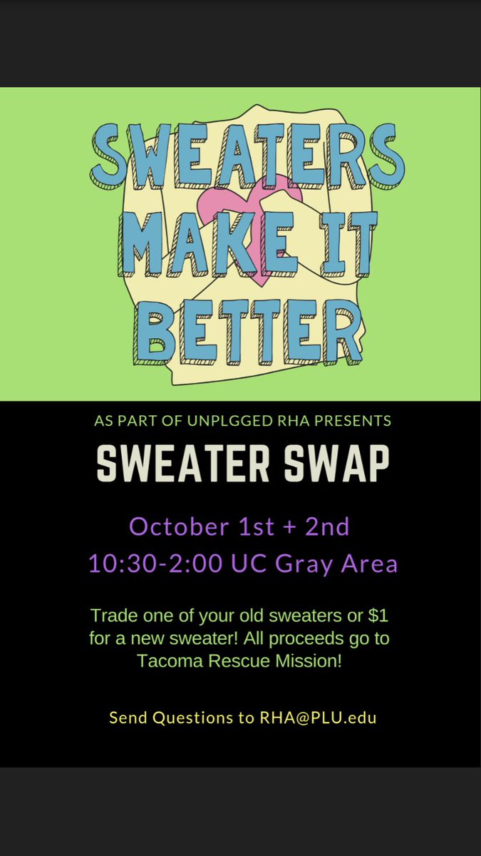 plurha's tweet photo. Come trade in one of your old sweaters for a new one or bring a dollar and purchase a new sweater !!! This event is happening Monday October 1st 10:30am-2:00pm and Tuesday October 2nd 10:30-2:00pm in the UC Gray  Area. 🎉🌱 https://t.co/mjVt5vzsS4