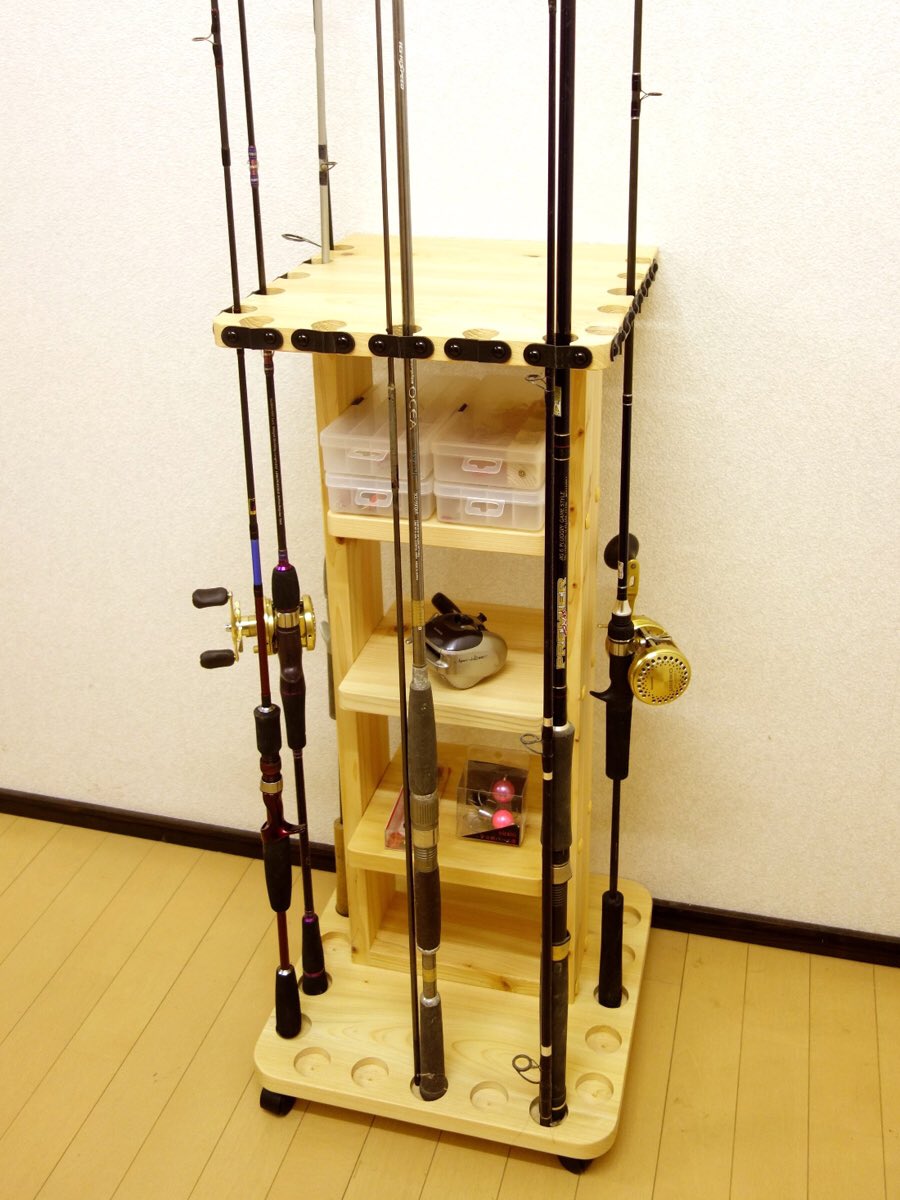 家具職人の作ったロッドスタンド No Twitter Amazonよりお買い上げいただきました 家具職人の作ったロッドスタンド Rs 22 1ピース用 15本用 17 800円 送料無料 は キャスター付きで移動に便利なタイプです 400mm角の正方形の3辺に5 本ずつさせるので