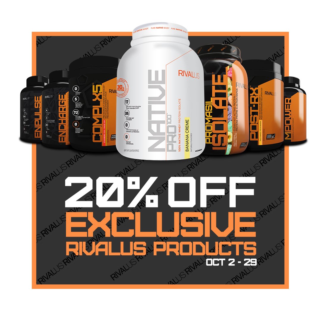 GNCCanada's tweet photo. HUGE SAVINGS on @RIVALUS GNC EXCLUSIVE Products! πππ½
October 2nd to 29th: GET 20% OFF all @RIVALUS GNC EXCLUSIVE Products at all GNC store locations across Canada!
#gnccanada #rivalus #teamrivalus #sportsnutrition #protein #cfl #fitness #sale #isolate #preworkout #promasil https://t.co/gED61eAECG