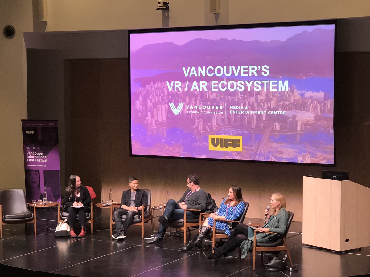 StoryTechIM's tweet photo. Brenda Bailey of @DigiBC, Vincent McCurley of @NFB_Interactive, Alan Goldman of @EmilyCarrU, Jennifer Moss of @UBC and Nancy Basi of @vrara_vancouver discuss the ecosystem for immersive content in British Columbia #VIFF #VIFF18 #VIFFImmersed https://t.co/pUVQ8ROOqb