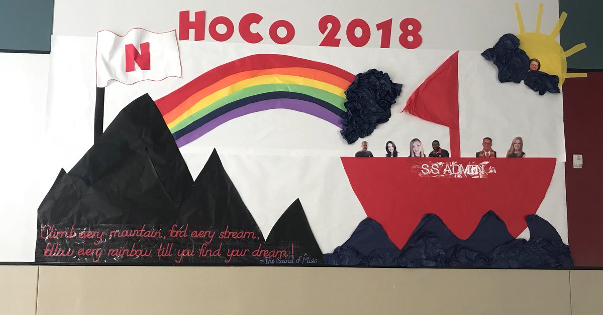 JennRailsback's tweet photo. NHS Admin team is ready for HOCO 2018! “Climb every mountain, ford every stream, follow every rainbow ‘till you find your dream! ~The Sound of Music @NHSTexans https://t.co/4S6tiDbc05