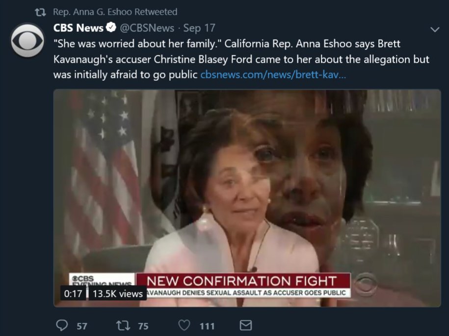 DavidChristoson's tweet photo. From July 24th through the month of August, until September 17th Anna Eshoo was completely silent concerning Kavanaugh's nomination, she sent ZERO Tweets with #CommitToRoe hashtag.
On Sept 17th Rep. Eshoo sent 4 Anti-Kavanaugh Tweets announcing Ford's so-called "Coming out". π€ https://t.co/vP10JWV0ft