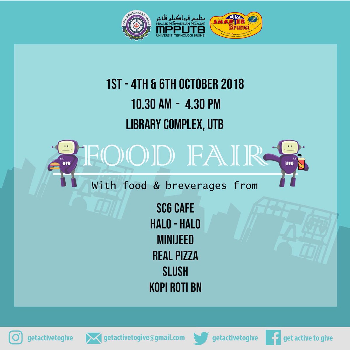 getactivetogive's tweet photo. Hungry and looking for food? Don't worry, we have you covered! 😉
Drop by Library Complex, UTB for the 

 🍔🥘🍟 OCTOBER FOOD FAIR 🍧🍝🍕 https://t.co/cpKMiHjZWB