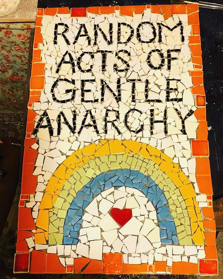 Sayraphim's tweet photo. I'm so thrilled at this - Isy saw my #RandomActsOfGentleAnarchy mosaic on instagram years ago (swipe to see it)&amp; made her own! I didn't put it in #CreativeResistanceBook cause it requires specialist tools&amp;skills,so I'm so chuffed someone made one anyway! #craftivism #Craftivist https://t.co/MlUEw27wsR
