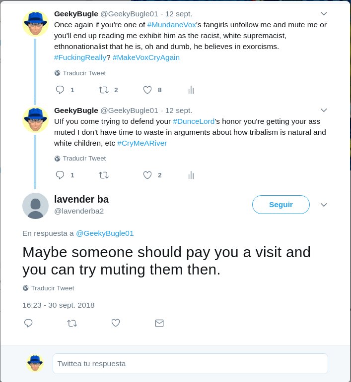 GeekyBugle01's tweet photo. This are #MundaneVox's followers, keep it comming girls lets see who gets tired first, you of being racist assholes or me of reporting your asses and then blocking you. #MakeVoxCryAgain #TheDunceLord https://t.co/Ac2JfzULSC
