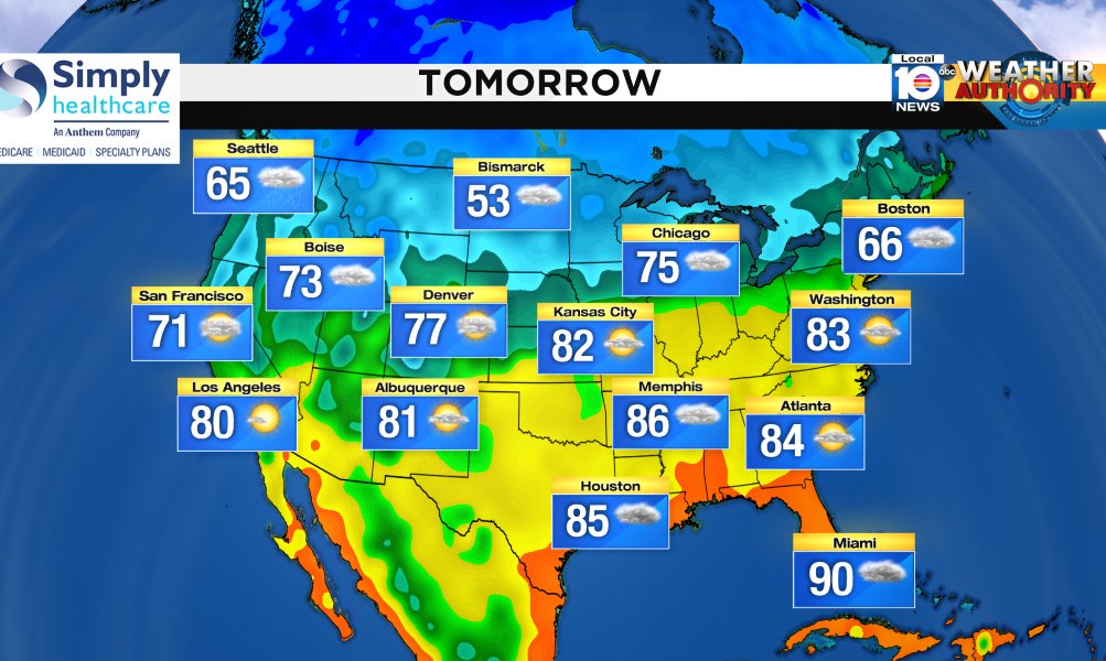 Here is the national forecast for tomorrow Presented by Simply Healthcare https://t.co/hXZIg5l08u