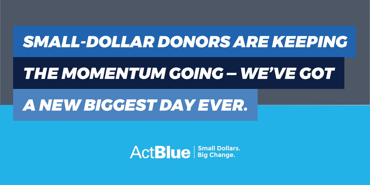 actblue's tweet photo. Small-dollar donors are not letting their energy subside. Folks have raised over $12 MILLION today so far for campaigns &amp; orgs on ActBlue, breaking Friday's record &amp; making it our new biggest day ever. Grassroots donors on the left are making their voices heard loud and clear. https://t.co/OmOIJjxzL8