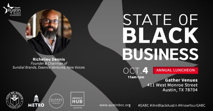ATXBlackChamber's tweet photo. Are you wondering what is happening in the afternoon on Oct 4th in Austin? Visit our website now! https://t.co/lM3CTgmBhI
#KnowYourGABC #StateofBlackBusiness #IAmBlackAustin
#ATX #TX #Austin #BlackBusiness @impacthub @CapMetroATX @ItstimeTexas @cityofaustin @richelieudennis https://t.co/OD0naw1f1N