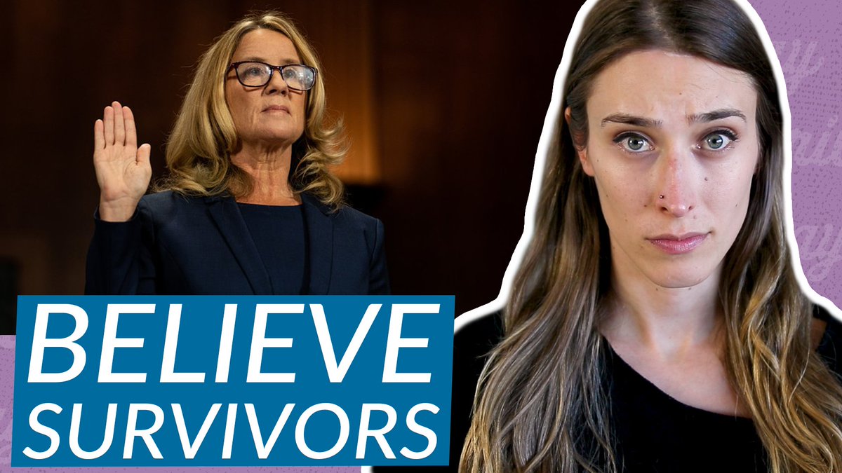 Riley on the right, looking concerned. On the left is Dr. Christine Blasey Ford with her right hand raised to take an oath. Below her are the words "believe survivors"