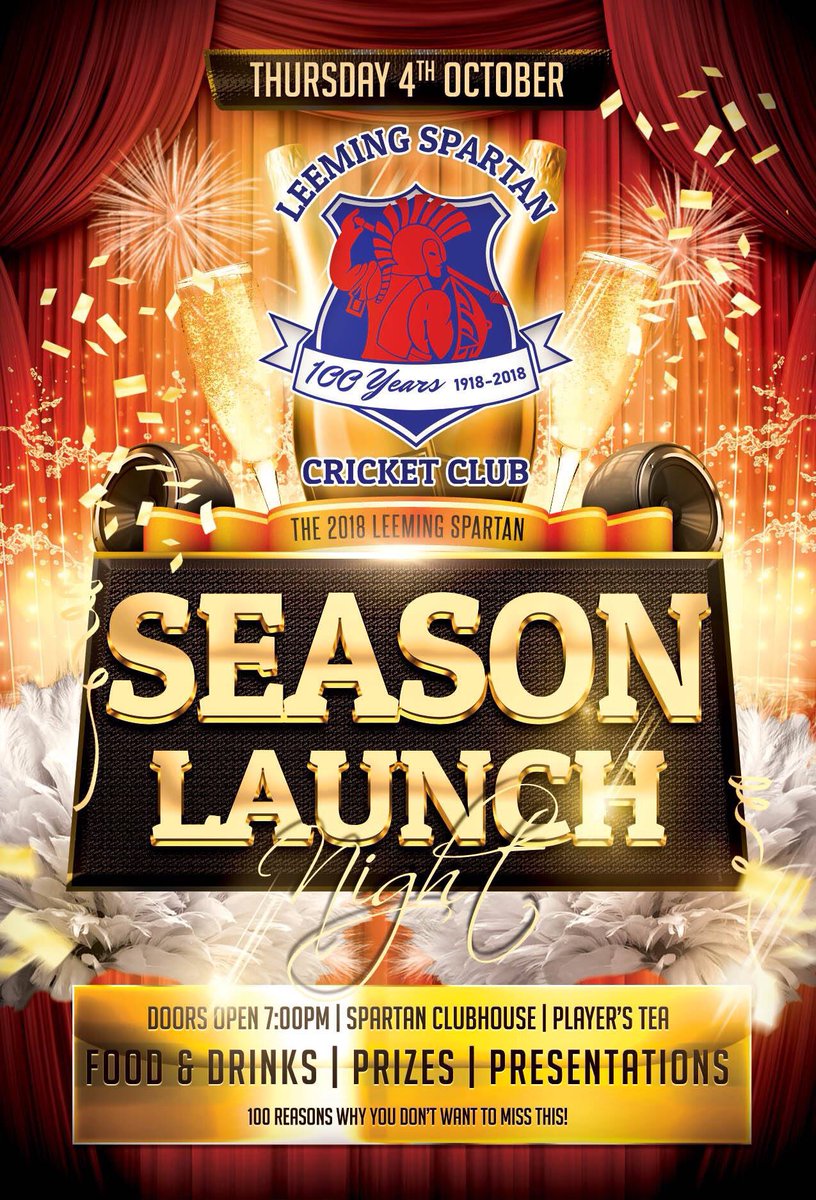 LeemingSpartan's tweet photo. It’s cricket season, and that can only mean one thing.

The Leeming Spartan Cricket Club is now open!

Be at the SpartanHQ this Thursday for our massive Season Launch, as we officially open the doors on our one-hundredth year!

It all kicks off from 7:00pm after training! https://t.co/IDQeWNPCFh