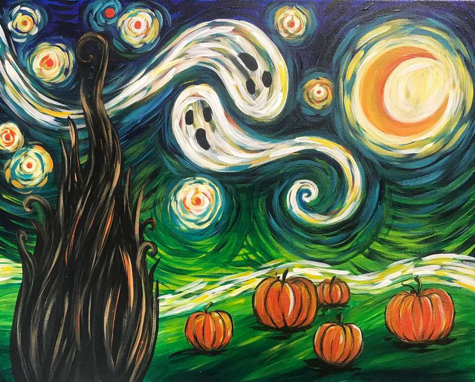 PinotsPaletteSI's tweet photo. Love Halloween?! Check out this awesome Van Gogh-style Halloween painting on October 4th! https://t.co/cI7SEJGMmP #halloween #ghosts #starrynight #vangogh #painting #wine #pinotspalette #statenisland https://t.co/6ULKYJCALJ