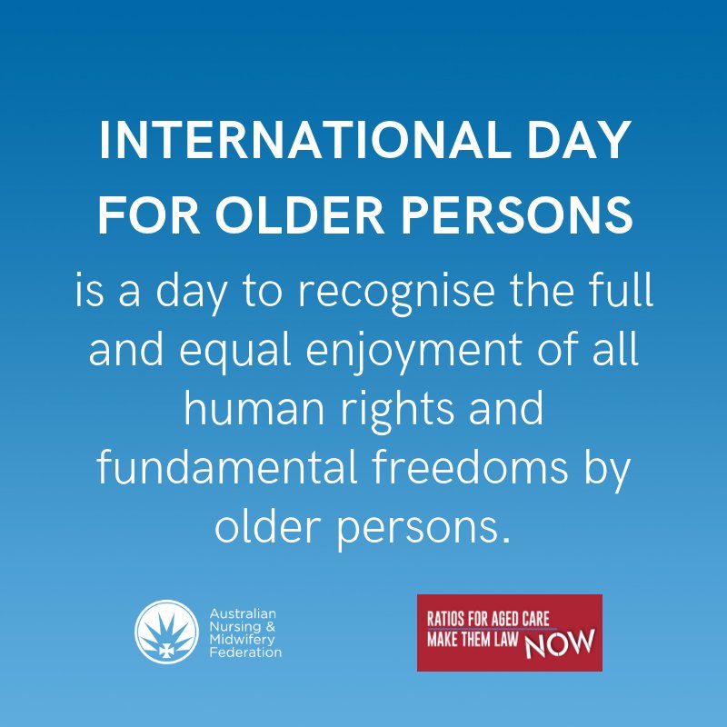 anmf_federal's tweet photo. Today is the International Day For Older Persons. It is time to reflect that our elderly in aged care deserve to be treated with dignity and care and not as a profit making module by providers.
#ageingequal #olderpersons #IDFOP18 #UN #humanrights #TimeForRuby #agedcare https://t.co/XdiZ8PXSX5