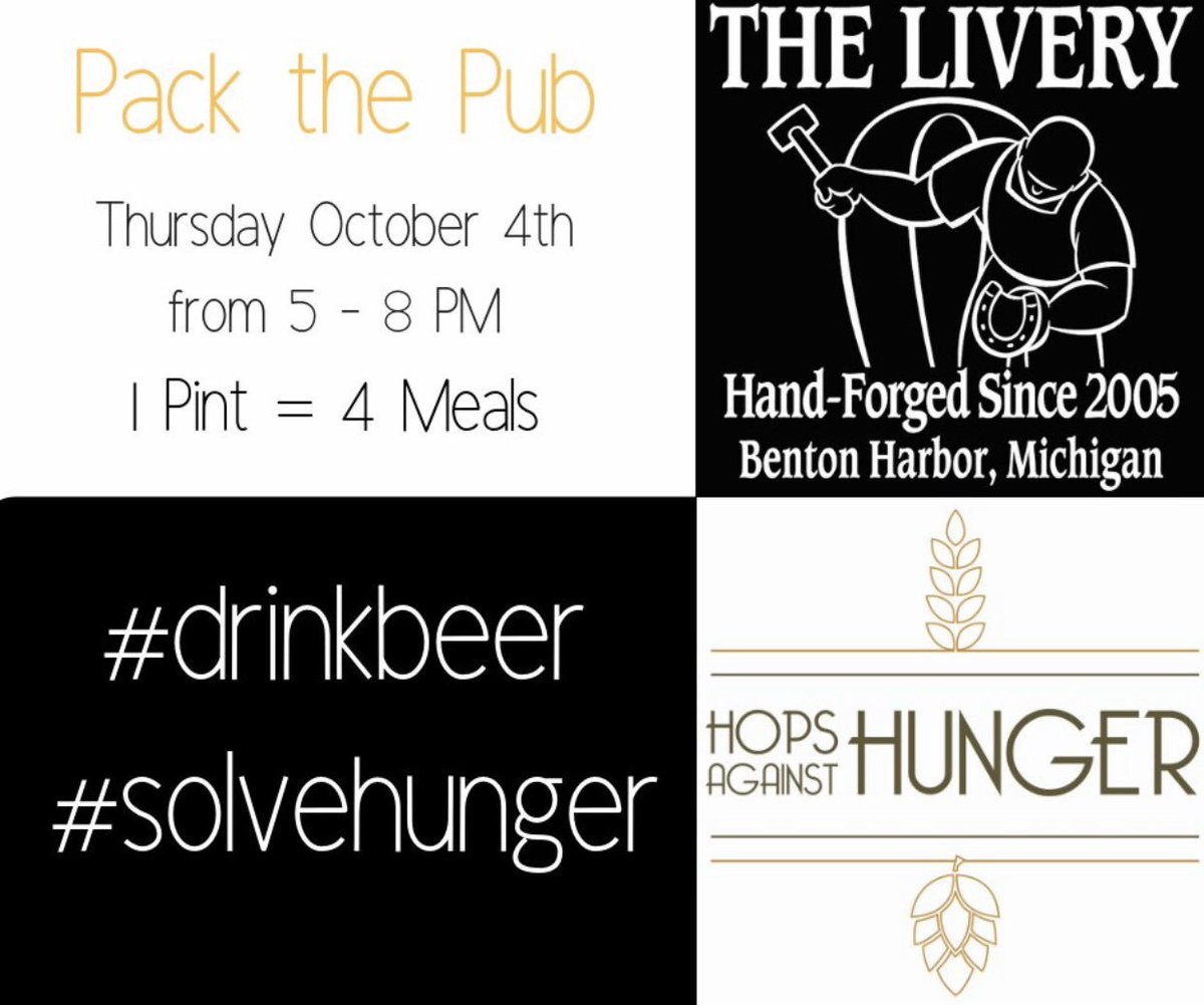 feedingwestmich's tweet image. Hunger Action Month is nearly over, but we have a few events that have spilled into October. The first of which is this Thursday at The Livery in Benton Harbor from 5-8 PM. We hope to see you there! #drinkbeer #solvehunger