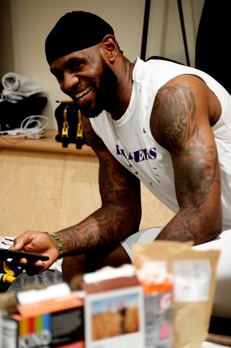 SLAMonline's tweet photo. What do you think is going thru LeBron's head before his first game with the Lakers? https://t.co/raYe2QQjCp