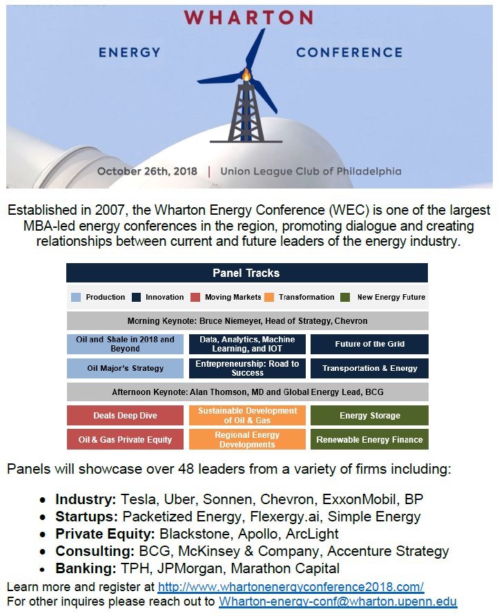 One More Week of Early Bird Pricing for the Wharton Energy Conf (10/26/2018)!!! Early Bird Tickets Sold here: w.cglink.me/r107045 Panel Schedules for WEC 2018 below!