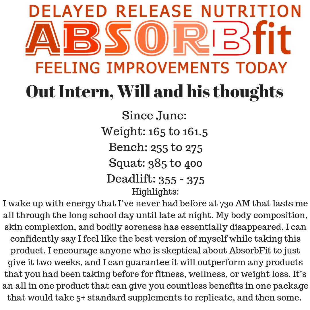 AbsorbFit's tweet image. Please take a moment to read buff.ly/2RcZXki our Intern Will&apos;s full story on taking Absorbfit products since June. He is feeling improvements daily (FIT) in all sorts ways. 

#continousimprovements #wholelifechallenge #getbettereveryday #fitbody #gainz #personalrecords