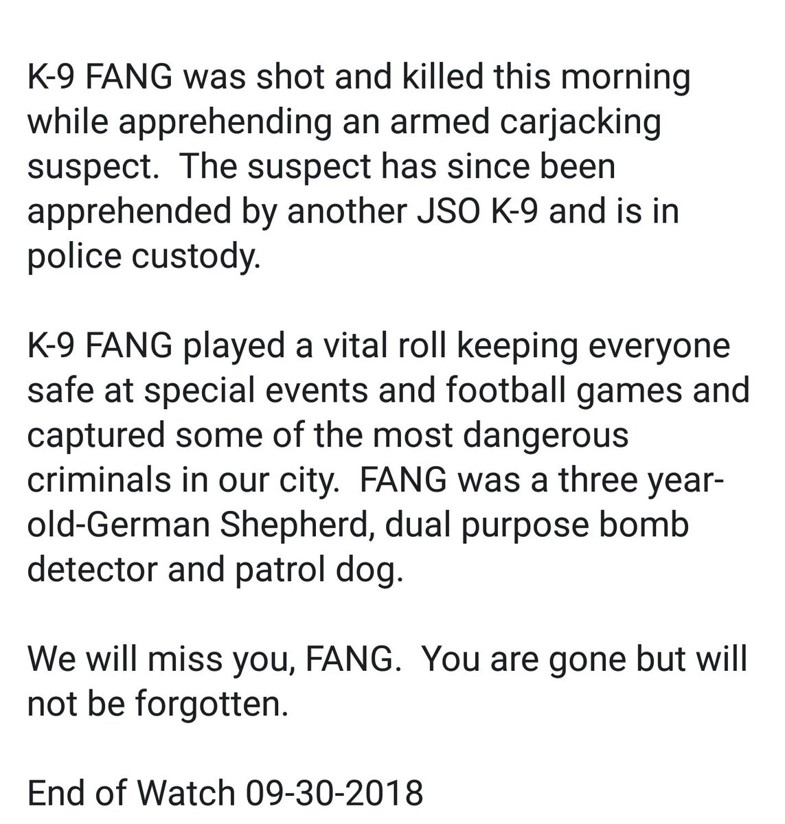 ThomasDBradley's tweet photo. Prayers goes out to @JSOPIO. From Jacksonville Sheriff's Office in @CityofJax Florida @LivePdFans. Keep the department and K-9 FANG's handler in your prayers. #LivePD https://t.co/95FlZbE9sL