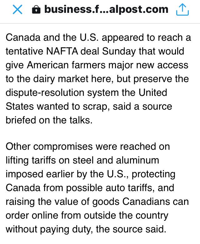 S_EFortin's tweet photo. Selon le @financialpost « une entente de principe sur l’ALENA » qui ouvre le marché des produits laitiers aux américains mais protège le secteur automobile en Ontario » 

#TLMEP #Quebec2018 https://t.co/nqdCFDVmi4