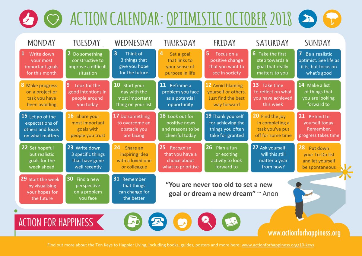Life is better when we find something to look forward to. Join us for Optimistic October and find ways to stay hopeful &amp; focus on what matters actionforhappiness.org/optimistic-oct… #OptimisticOctober