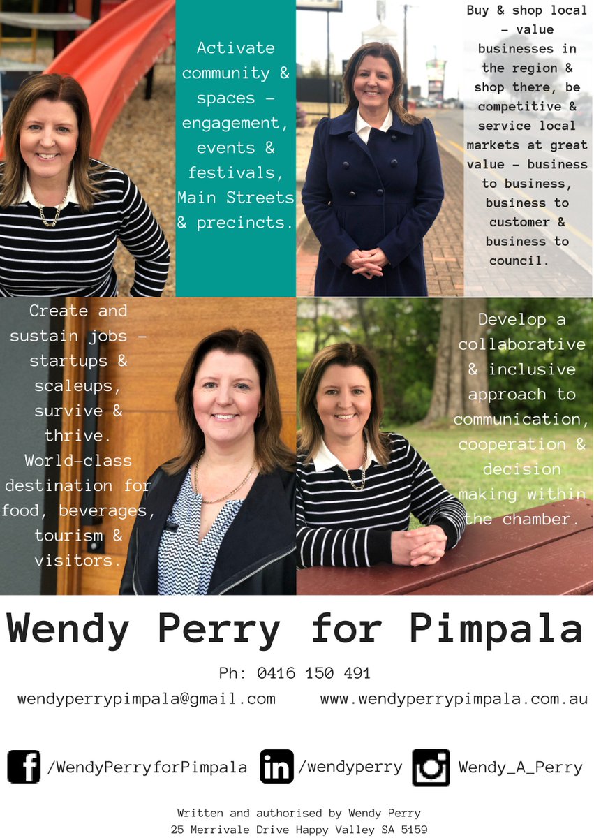 waperry's tweet photo. 4 key messages #activatespaces #engagecommunities #buylocal #shoplocal #createjobs #sustainjobs #startups #scaleups #worldclass #food #beverages #tourism #collaboration #inclusivity #listen1st Authorised by Wendy Perry 25 Merrivale Dr Happy Valley SA 5159 https://t.co/ylexnSaY9O https://t.co/q4XzdghKUR