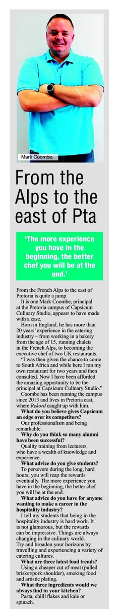 capsicumcooking's tweet photo. Nice to see our Pretoria Campus Head @markcoombe75 in last Friday's @RekordNewspaper ... https://t.co/Vl29g24cd6