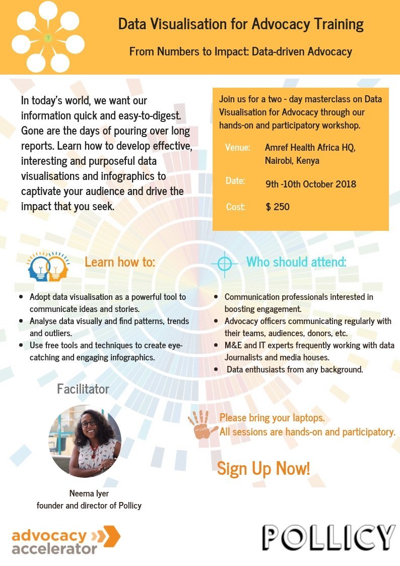 PollicyOrg's tweet photo. Interested in turning your data into visual insights? 
Tired of long reports that no one reads? 
Looking to engage your audience with eye-catching infographics? 

Sign up for our upcoming Data Visualization Workshop in Nairobi with @StrongAdvocacy 

👉🏽 https://t.co/gUvmcRFMfq https://t.co/ls9W1hemDJ