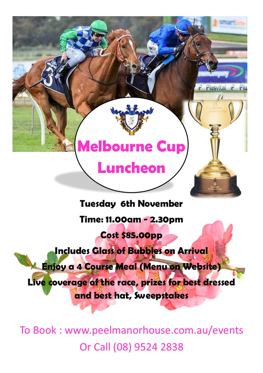 PeelManor's tweet photo. Melbourne Cup at the Manor
4 Course Luncheon
Book Now 95242838 or 
online https://t.co/lkdGE2apvD https://t.co/OVHZeUqb5c